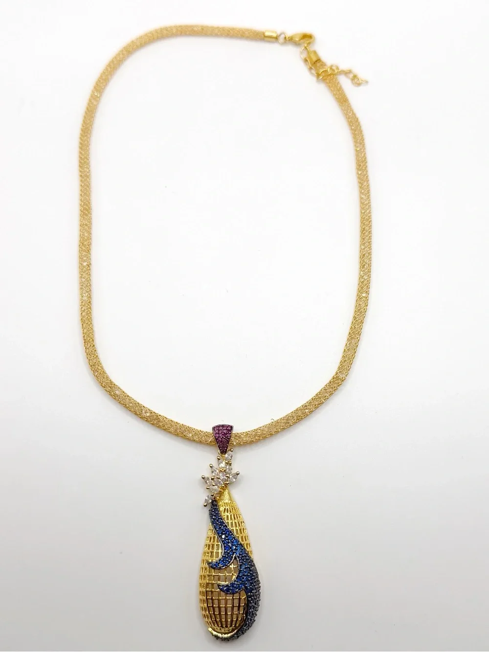Goldtone Mesh Chain CZ Ruby Sapphire Crystal Peacock Style Necklace 18-20”